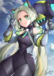  1girl absurdres animal_ears bangs bare_shoulders battle_cat_jinx blonde_hair breasts cat_ears clouds day facial_mark fake_animal_ears hands_up highres holding holding_weapon jinx_(league_of_legends) large_breasts league_of_legends long_hair outdoors parted_lips shiny shiny_clothes shiny_hair shoulder_tattoo smile tattoo tuanjiang_w twintails weapon whisker_markings 