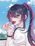  1girl 2022 bracelet breasts candy clouds collared_shirt english_commentary fence food from_behind hair_behind_ear highres holding holding_candy holding_food holding_lollipop jewelry lollipop long_hair medium_breasts mika_melatika miyu_(meumuemu) multicolored_hair nijisanji nijisanji_id ponytail redhead rooftop shirt sky solo streaked_hair twitter_username virtual_youtuber white_shirt 