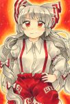  1girl baggy_pants bangs blush bow breasts buttons closed_mouth collared_shirt commentary_request fujiwara_no_mokou hair_bow hand_on_hip happy highres hime_cut juliet_sleeves long_hair long_sleeves maa_(forsythia1729) marker_(medium) medium_breasts ofuda ofuda_on_clothes pants puffy_sleeves red_eyes red_pants shirt sidelocks sleeve_garter smile suspenders touhou traditional_media very_long_hair white_bow white_hair white_shirt 