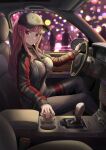  1girl bangs blush breasts car choker driving ground_vehicle hat highres hololive hololive_english jacket jewelry large_breasts long_hair long_sleeves looking_at_viewer mori_calliope motor_vehicle necklace pants pink_eyes pink_hair pink_nails ponytail silvertsuki sitting smile solo virtual_youtuber 