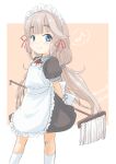  1girl absurdres alternate_costume apron arms_behind_back bandaid bandaid_on_knee bandaid_on_leg black_dress dress enmaided frilled_apron frills fyuo green_eyes grey_hair hair_ribbon highres kantai_collection long_hair looking_at_viewer low_twintails maid maid_headdress mikura_(kancolle) mop one-hour_drawing_challenge puffy_sleeves ribbon socks solo thick_eyebrows twintails white_apron wrist_cuffs 