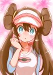  1girl :o absurdres bangs blush bow breasts bright_pupils brown_hair commentary_request double_bun green_eyes hand_up highres long_hair looking_at_viewer pink_bow pokemon pokemon_(game) pokemon_bw2 raglan_sleeves rono_(lethys) rosa_(pokemon) shirt solo twintails upper_body visor_cap white_pupils 