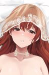  1girl akito_(d30n26) aliasing bangs bare_shoulders bridal_veil bride brown_eyes choker collarbone commentary_request eyebrows_visible_through_hair face lace lace_choker light_blush long_hair looking_at_viewer original parted_lips portrait redhead solo veil white_choker 