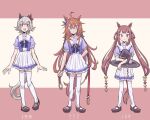  3girls ahoge animal_ears blush curren_chan_(umamusume) h685336312 height_difference highres horse_ears horse_tail long_hair mask mouth_mask multiple_girls open_mouth school_uniform short_hair sweep_tosho_(umamusume) tail thigh-highs tracen_school_uniform twintails umamusume violet_eyes white_background 