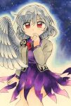  1girl bird_wings braid collared_shirt commentary_request covering_mouth eyebrows_visible_through_hair feathered_wings grey_hair grey_jacket hand_over_own_mouth highres jacket kishin_sagume looking_at_viewer maa_(forsythia1729) marker_(medium) purple_shirt purple_skirt red_eyes shirt single_wing sitting skirt touhou traditional_media white_wings wings 