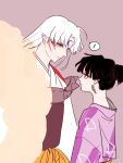  ! 131_(15174394) 1boy 1girl black_hair closed_mouth ear_piercing eye_contact facial_mark forehead_mark highres inuyasha japanese_clothes kagura_(inuyasha) kimono looking_at_another looking_down piercing pointy_ears purple_background sesshoumaru spoken_exclamation_mark yellow_eyes yukata 