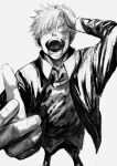  1boy :d arm_up collared_shirt crazy_eyes crazy_smile full_body gojou_satoru greyscale hand_up highres jacket jujutsu_kaisen kuwoniagyu11112 looking_away male_focus monochrome open_mouth pants shirt short_hair simple_background smile solo teeth 