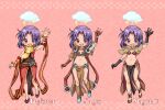  1girl :d animal_around_neck bangle bangs bikini bikini_top_only blush boots bracelet breasts brown_bikini brown_capelet brown_footwear brown_gloves brown_skirt capelet character_name cloud_over_head clouds commentary_request dress eyebrows_visible_through_hair fingerless_gloves fox full_body gloves jewelry kawagoe_pochi lightning looking_at_viewer mage_(ragnarok_online) midriff navel open_mouth parted_bangs pelvic_curtain pink_background professor_(ragnarok_online) purple_hair ragnarok_online red_dress red_sleeves sage_(ragnarok_online) short_hair skirt sleeveless sleeveless_dress small_breasts smile striped_capelet striped_sleeves swimsuit violet_eyes waving yellow_sleeves 