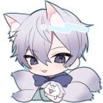  1boy animal_ear_fluff animal_ears blue_jacket cosplay fox_boy fox_ears fox_tail foxy9 grey_hair highres hood hooded_jacket jacket jett_(valorant) jett_(valorant)_(cosplay) kom0980 male_focus multiple_tails reignite sleeveless sleeveless_jacket smile solo tail valorant white_background 