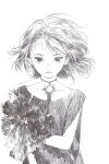  1girl choker closed_mouth collarbone crosshatching eyebrows eyelashes floating_hair greyscale hatching_(texture) highres looking_at_viewer matayoshi monochrome nostrils original serious short_hair signature simple_background sketch solo staring straight-on upper_body white_background wind 