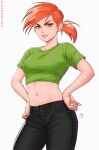  1girl bangs breasts crop_top green_shirt highres medium_breasts navel nickelodeon orange_hair pants pink_eyes ponytail sciamano240 shirt smile stomach t-shirt the_fairly_oddparents vicky_(fop) white_background 