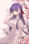  1girl absurdres bangs blush breasts closed_mouth collared_dress dress fate/stay_night fate_(series) flower hair_ornament hair_ribbon hand_up heaven&#039;s_feel highres kitere large_breasts long_hair looking_at_viewer matou_sakura petals puffy_short_sleeves puffy_sleeves purple_hair red_ribbon ribbon short_sleeves solo violet_eyes white_dress 