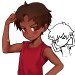  &gt;_&lt; 1boy antenna_hair b_wb bandaid bandaid_on_arm bangs bare_shoulders black_hair blush clenched_hand closed_eyes commentary_request dark-skinned_male dark_skin highres looking_at_viewer male_focus muscular muscular_shota original red_eyes simple_background sketch smile smirk solo teeth upper_body white_background 