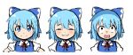 1girl bangs black_eyes blue_bow blue_dress blue_eyes blue_hair blush blush_stickers bow bowtie cirno closed_mouth collared_shirt commentary_request dress eyebrows_visible_through_hair hair_between_eyes hands_on_hips highres looking_to_the_side looking_up miz_(mizillustration) parororo puffy_short_sleeves puffy_sleeves red_bow red_bowtie shirt short_hair short_sleeves simple_background smile smug solo spy_x_family surprised teeth touhou upper_body v-shaped_eyebrows white_background 