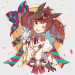  1girl animal_ears bangs blue_gemstone blush bow brown_eyes brown_hair confetti ear_covers falling_petals gem gloves green_bow green_ribbon grey_background horse_ears horse_girl imtyousei looking_at_viewer medium_hair multicolored_hair nice_nature_(umamusume) one_eye_closed open_mouth petals red_bow red_ribbon ribbon short_sleeves simple_background smile solo streaked_hair striped striped_bow striped_ribbon twintails umamusume upper_body white_gloves 