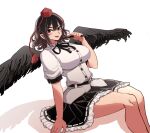  1girl bangs bird_wings black_hair black_ribbon black_skirt black_wings breasts buttons calligraphy_brush collared_shirt cropped_legs ghostship55 hat highres large_breasts medium_hair paintbrush red_eyes ribbon shameimaru_aya shirt short_sleeves simple_background sitting skirt solo tokin_hat touhou white_background white_shirt wings 