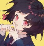  1girl ano_ne_watashi_(cevio) bangs black_hair blue_jacket collared_shirt covered_mouth crossed_fingers eyebrows_visible_through_hair highres jacket neck_ribbon official_art original pink_eyes red_ribbon ribbon school_uniform shirt short_hair solo white_shirt yellow_background yuno_tsuitta 