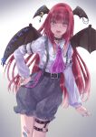  1girl :d absurdres adapted_costume arm_belt bandaid bandaid_on_leg bangs bat_wings belt blunt_bangs buckle collar crescent cross eyebrows_visible_through_hair gradient gradient_background grey_background guchadoro hand_on_hip happy head_wings highres holster koakuma latin_cross long_hair long_sleeves looking_at_viewer necktie open_mouth red_eyes redhead shirt simple_background smile solo suspenders teeth thigh_holster thigh_strap touhou upper_teeth very_long_hair wings 