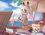  1girl :p animal_ears beach beach_chair beach_towel between_legs bikini blush brown_fur clouds cooler crayon_(crayon1006) cup day drinking_glass drinking_straw food from_side fruit furry gradient_hair hair_between_eyes hand_between_legs holding holding_eyewear horizon innertube lemon lemon_slice looking_back multicolored_fur multicolored_hair ocean original pink_bikini pink_hair ponytail rabbit_ears rabbit_girl rabbit_tail side-tie_bikini sitting solo stuffed_animal stuffed_toy sunglasses swimsuit symbol-only_commentary tail tail_through_clothes tongue tongue_out towel umbrella wariza yellow_eyes 