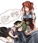  ... 2girls absurdres blush breasts closed_eyes feet_out_of_frame flying_sweatdrops green_hair hair_bobbles hair_ornament hat highres lap_pillow looking_at_another looking_down multiple_girls onozuka_komachi po_(anhk5528) redhead shiki_eiki simple_background sleeping smile touhou two_side_up white_background white_legwear 