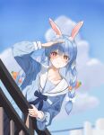  1girl absurdres animal_ear_fluff animal_ears bangs blue_hair blue_sky blurry blurry_background bow braid cityscape closed_mouth clouds derivative_work eyebrows_visible_through_hair hair_bow highres hololive long_hair long_sleeves looking_at_viewer moonggu multicolored_hair outdoors rabbit_ears red_eyes salute short_eyebrows sky solo standing twin_braids twintails two-tone_hair upper_body usada_pekora virtual_youtuber white_bow 