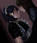  1boy 1girl alternate_costume apron artist_name bangs black_dress blue_hair blush brown_hair buttons closed_mouth commentary_request crossdressing dress enmaided eye_contact highres iino_miko ishigami_yuu kaguya-sama_wa_kokurasetai_~tensai-tachi_no_renai_zunousen~ long_hair looking_at_another maid maid_headdress medium_hair parted_lips ponzu_(udon) short_sleeves smile sweatdrop upper_body 