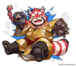  1boy absurdres bow braid brown_fur camera claws fangs fangs_out furry furry_male highres holding holding_camera japanese_clothes kimono male_focus multicolored_fur outline red_fur red_panda_boy red_panda_ears red_panda_tail solo thick_eyebrows tokyo_afterschool_summoners twitter_username white_background white_fur yed_(47241538) yellow_kimono zhurong_(housamo) 