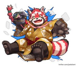  1boy absurdres bow braid brown_fur camera claws fangs fangs_out furry furry_male highres holding holding_camera japanese_clothes kimono male_focus multicolored_fur outline red_fur red_panda_boy red_panda_ears red_panda_tail solo thick_eyebrows tokyo_afterschool_summoners twitter_username white_background white_fur yed_(47241538) yellow_kimono zhurong_(housamo) 