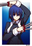  1girl arm_up bangs black_dress blue_background blue_eyes blue_hair ciel_(tsukihime) closed_mouth cross dress eyebrows_visible_through_hair gradient gradient_background holding holding_knife jewelry knife long_sleeves looking_at_viewer moyashi_(tenor366) outside_border pendant short_hair solo tsukihime twitter_username v-shaped_eyebrows 