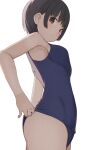  1girl black_hair blue_swimsuit brown_eyes closed_mouth highres hiroki_(yyqw7151) looking_at_viewer one-piece_swimsuit original short_hair simple_background solo swimsuit white_background 