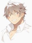  1boy brown_eyes brown_hair collared_shirt commentary_request face hozu_(hozumi) looking_to_the_side male_focus master_4_(housamo) muscular muscular_male open_mouth portrait shirt smile solo tokyo_afterschool_summoners white_background white_shirt 