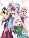  6+girls amamiya_sakura anastasia_palma blonde_hair blue_hair book braid breasts brown_hair cherry_blossoms clarissa_snowflake clenched_hand dress flower hand_up highres long_hair looking_at_viewer midnamana mochizuki_azami multiple_girls orange_hair robe sakura_taisen shin_sakura_taisen shinguuji_sakura shinonome_hatsuho short_hair skirt smile 