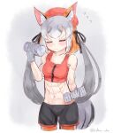  1girl animal_ears closed_eyes closed_mouth fox_ears fox_girl fox_tail hat highres island_fox_(kemono_friends) kedama_(ughugjydthjdf) kemono_friends kemono_friends_v_project long_hair multicolored_hair muscular ribbon simple_background solo tail virtual_youtuber 