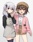 2girls badge beret black_nails blue_eyes brown_hair brown_headwear brown_shorts button_badge collared_shirt commentary_request dress dress_shirt grey_background grey_dress grey_hair hair_between_eyes hair_ornament hair_over_shoulder hairclip hat highres houkago_sai_tensei! jacket kurami_utaho long_hair long_sleeves low_twintails melua_solaris multiple_girls nail_polish open_clothes open_jacket pink_jacket pink_nails red_eyes shirt short_shorts shorts simple_background sleeveless sleeveless_dress somechime_(sometime1209) twintails violet_eyes white_shirt