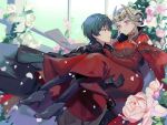  10000zs 1boy 1girl armor blue_eyes blue_hair blush byleth_(fire_emblem) byleth_eisner_(male) cape carrying carrying_person couple double_bun edelgard_von_hresvelg eye_contact fire_emblem fire_emblem:_three_houses gloves hair_ornament hetero horn_ornament horns husband_and_wife_and_wife long_hair long_sleeves looking_at_another open_mouth princess_carry red_cape short_hair violet_eyes white_hair 