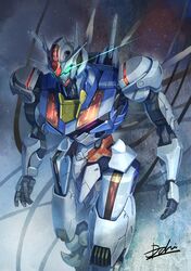  cable commentary glowing glowing_eyes green_eyes gundam gundam_aerial gundam_suisei_no_majo highres hukutuuprunes mecha mobile_suit no_humans open_hands science_fiction signature solo transparent v-fin 