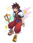  1boy belt_buckle blue_eyes brown_hair buckle commentary_request fingerless_gloves gloves jewelry keyblade kingdom_hearts kingdom_key looking_at_viewer male_focus necklace short_hair short_sleeves simple_background smile solo sora_(kingdom_hearts) spiky_hair teeth torakichi_(ebitendon) white_background yellow_footwear zipper 