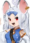  1girl ahoge animal_ears bangs blue_archive blue_dress china_dress chinese_clothes dress eyebrows_visible_through_hair fang halo highres long_hair looking_at_viewer mouse_ears mouse_girl open_mouth red_eyes ribbon saya_(blue_archive) wuju_(1198979953) 