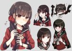  1girl absurdres bangs black_sailor_collar blush bow bowtie breast_pocket brown_hair cropped_torso danganronpa_(series) danganronpa_v3:_killing_harmony eyebrows_visible_through_hair flying_sweatdrops grey_background hair_ornament hairclip hana_no_yo harukawa_maki highres long_hair low_twintails mole mole_under_eye multiple_views pocket pout red_eyes red_scrunchie red_shirt sailor_collar scrunchie shiny shiny_hair shirt simple_background smile translation_request twintails 