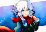  1girl :d blush bow braid dress eyebrows_visible_through_hair highres izayoi_sakuya long_sleeves looking_at_viewer maid_headdress open_mouth qqqrinkappp red_scarf ribbon scarf short_hair silver_hair smile solo touhou twin_braids upper_body 