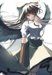  1girl absurdres arm_cannon bangs bird_wings black_hair black_wings blurry closed_mouth depth_of_field gradient gradient_background green_skirt highres long_hair looking_to_the_side palulap reiuji_utsuho short_sleeves simple_background skirt smile solo standing third_eye touhou weapon white_background wings 
