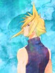  1boy armor_removed asymmetrical_hair bangs bare_arms blonde_hair blue_background blue_eyes blue_shirt cloud_strife final_fantasy final_fantasy_vii krudears muscular muscular_male parted_bangs shirt sleeveless sleeveless_turtleneck solo spiky_hair turtleneck upper_body watercolor_background watercolor_effect 
