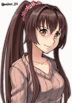  1girl breasts brown_eyes brown_hair cherry_blossoms collarbone hair_between_eyes hair_intakes kantai_collection long_hair looking_at_viewer makun_dx medium_breasts no_headgear one-hour_drawing_challenge ponytail scrunchie simple_background solo sweater white_background yamato_(kancolle) 