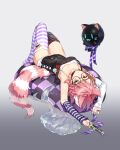 1girl :&lt; absurdres alternate_costume animal_collar animal_ears armpits arms_up asymmetrical_legwear asymmetrical_sleeves black_legwear breasts camisole cat_ears cat_girl checkered_pillow clothing_request collar collarbone counter:side detached_sleeves floating floating_object glasses gradient gradient_background hair_ornament hairclip highres holding holding_phone knees_up lenmue looking_at_viewer lying medium_breasts off_shoulder on_back on_pillow phone phone_with_ears pillow pink_hair purple_legwear purple_nails purple_ribbon ribbon robot round_eyewear short_hair smartphone_case solo stirrup_legwear striped striped_legwear striped_ribbon striped_sleeves striped_tail sylvia_lena_cooper tail thigh-highs toeless_legwear upside-down white_camisole white_sleeves |w| 