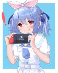  ! 1girl :q absurdres bangs blue_background blue_hair carrot_hair_ornament closed_mouth controller food-themed_hair_ornament game_controller hair_ornament highres holding holding_controller holding_game_controller hololive kuronekootuta looking_at_viewer nintendo_switch outside_border red_eyes short_hair simple_background smile solo tongue tongue_out upper_body usada_pekora virtual_youtuber 