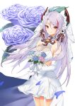  1girl absurdres azur_lane bare_shoulders blue_flower blue_rose bouquet breasts bridal_veil commentary_request dress elbow_gloves flower gloves hair_ornament highres holding holding_bouquet large_breasts long_hair looking_at_viewer multicolored_hair nukege_ojisan pink_flower pink_rose prinz_eugen_(azur_lane) prinz_eugen_(symphonic_fate)_(azur_lane) red_eyes redhead rose short_dress silver_hair smile solo streaked_hair veil wedding_dress white_dress white_flower white_gloves white_rose 