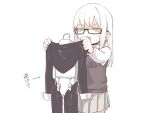  1girl asutora asutora-chan black-framed_eyewear blue_eyes commentary_request glasses grey_skirt holding holding_clothes original simple_background skirt solo translation_request white_background 