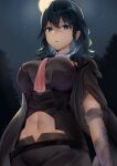  1girl blue_eyes breasts byleth_(fire_emblem) byleth_eisner_(female) fire_emblem fire_emblem:_three_houses forest from_below haru_(nakajou-28) highres large_breasts looking_at_viewer medium_hair midriff nature night night_sky outdoors shorts sky solo 