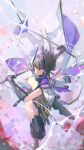  1girl aether_gazer arm_shield arms_up bangs black_hair breasts cloak debris dress full_body hair_between_eyes hair_ornament highres holding holding_weapon horns japanese_clothes kkia leg_armor leg_up light_rays lightning looking_at_viewer mecha_musume medium_breasts open_mouth purple_dress short_hair solo sword thighs third-party_edit third-party_watermark tsukuyomi_(aether_gazer) violet_eyes weapon 