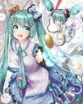  1girl :d aki_no_koto alice_in_wonderland blue_eyes blue_hair bubble chibi crown fur_collar hair_bow hair_ornament hatsune_miku holding_umbrella lace_trim necktie open_mouth patterned_clothing paw_shoes pocket_watch tie_clip umbrella vocaloid 